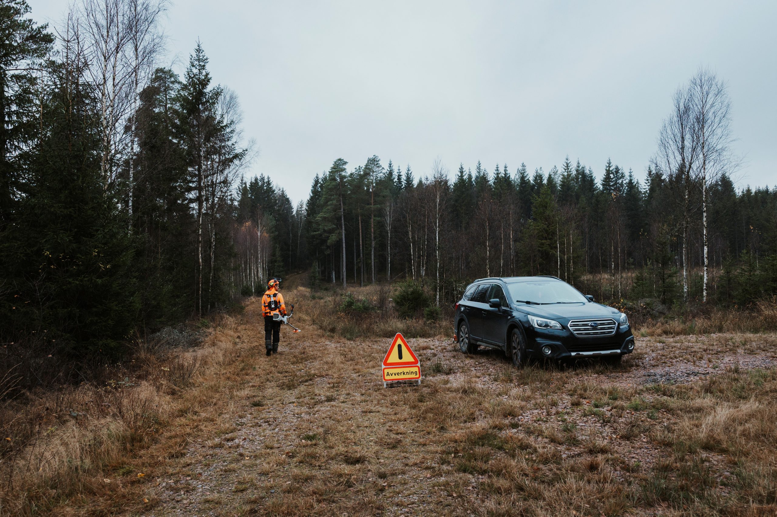 En bild på någon som bär en röjsåg